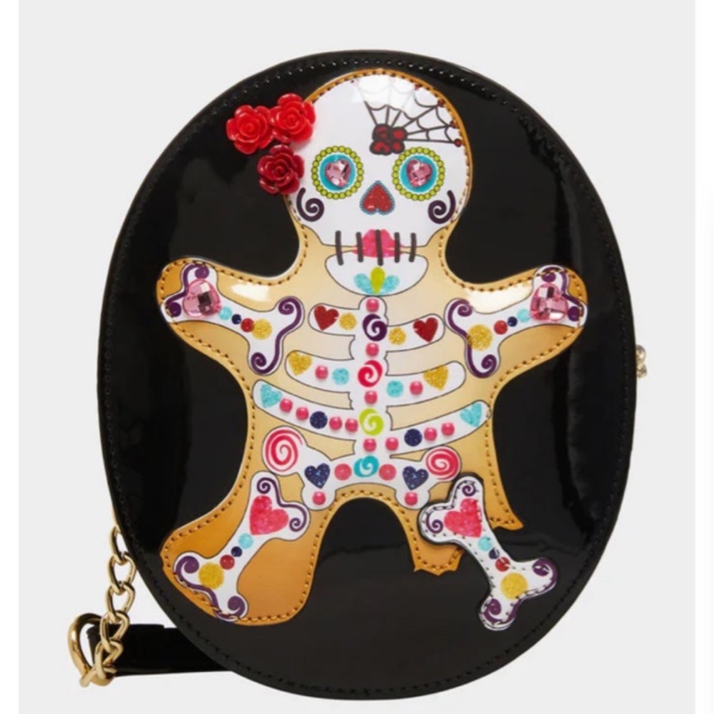 New Betsey Johnson GINGERBREAD BONES CROSSBODY BLACK MULTI - Picture 1 of 9